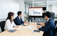 社内検討の会議で説明動画を見るイメージ